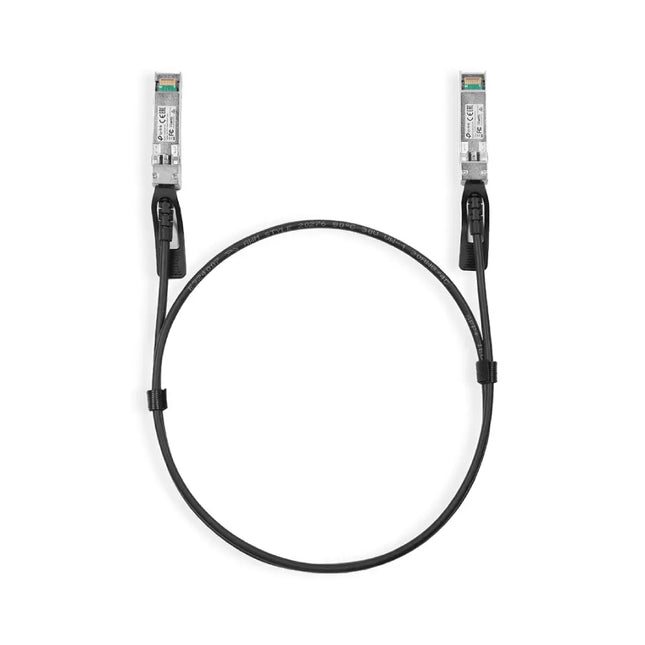 TP-Link SM5220-1M 1 Meter 10G SFP+ Direct Attach Cable (DAC) laid out clearly on a white background.