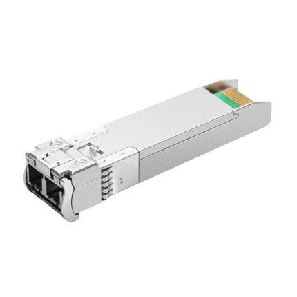 Close-up of the LC connector interface and pull-tab on the TP-Link SM6110-SR 25G enterprise optical transceiver.