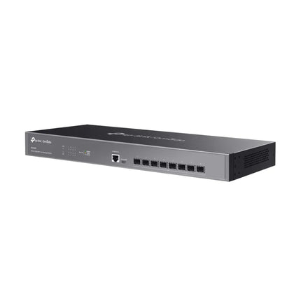 The Omada SX3008F 10G SFP+ switch installed in a server rack, demonstrating its role as a high-bandwidth aggregation switch with 160 Gbps switching capacity for business networks.