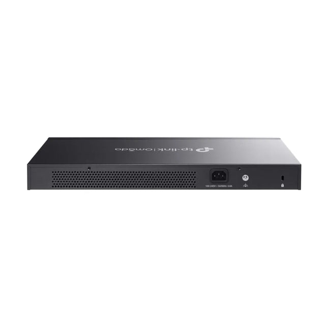 Close-up of the SX3008F front panel showing the RJ45 and Micro-USB console ports alongside LED indicators, highlighting its seamless integration into the Omada SDN cloud management platform.