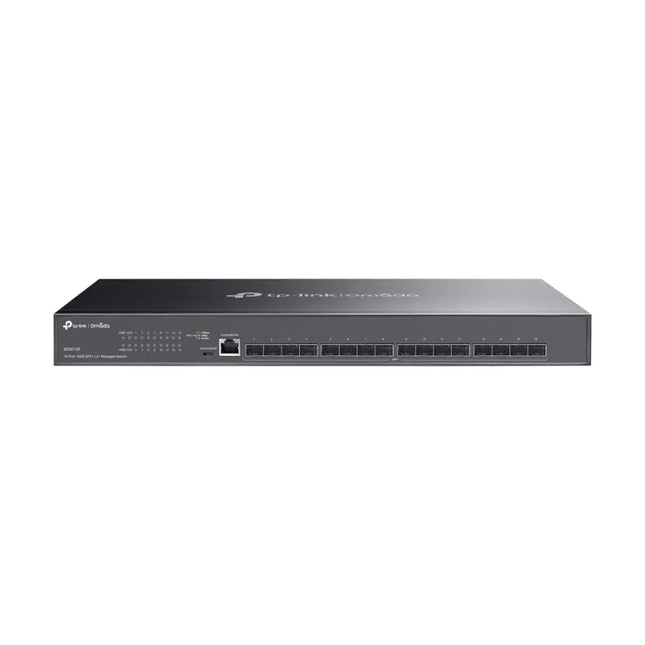 TP-Link Omada SX3016F 16-Port 10GE SFP+ L2+ managed switch featuring a rack-mountable enterprise design.