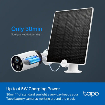 Tapo A200 solar panel connected via charging cable to a Tapo smart wireless outdoor security camera.