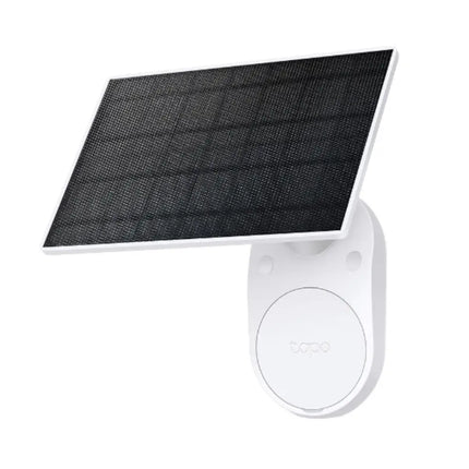 Front studio view of the compact white TP-Link Tapo A201 solar panel with high-efficiency monocrystalline silicon cells.