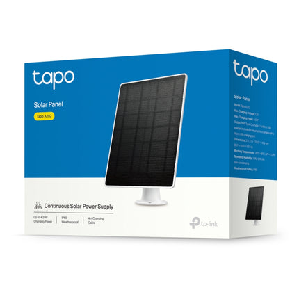 Application graphic showcasing the Tapo A202 solar panel powering a Tapo wire-free smart security camera setup.