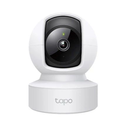 Front view of the white TP-Link Tapo C202 smart home security camera showing its rotating spherical lens chassis, status LED, and stable tabletop base.