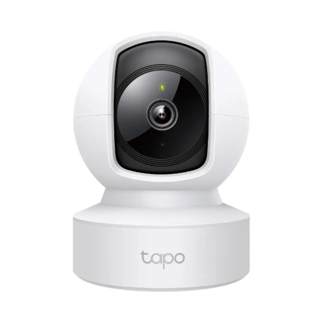 Front view of the white TP-Link Tapo C202 smart home security camera showing its rotating spherical lens chassis, status LED, and stable tabletop base.