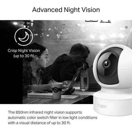 TP-Link Tapo C212 indoor smart Wi-Fi camera sitting on a tabletop as a home security and pet monitor.