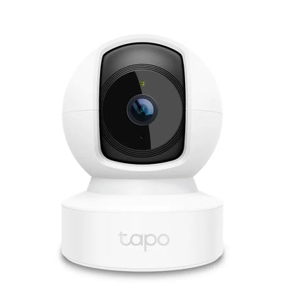 TP-Link Tapo C212 pan and tilt home security Wi-Fi camera in a white and black spherical chassis with its lens facing forward.