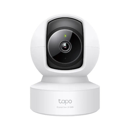 A front-facing studio shot of the white and black TP-Link Tapo C222 pan and tilt home security Wi-Fi camera.