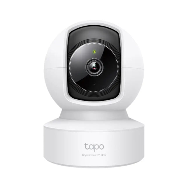 A front-facing studio shot of the white and black TP-Link Tapo C222 pan and tilt home security Wi-Fi camera.