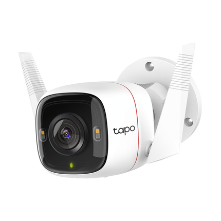 Front view of the white TP-Link Tapo C320WS outdoor security Wi-Fi camera with its dual external antennas on a white background.