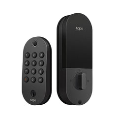 Front view of the black TP-Link Tapo DL105 smart Wi-Fi deadbolt door lock, featuring a sleek modern design with a backlit digital keypad.