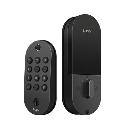 Front view of the black TP-Link Tapo DL105 smart Wi-Fi deadbolt door lock, featuring a sleek modern design with a backlit digital keypad.