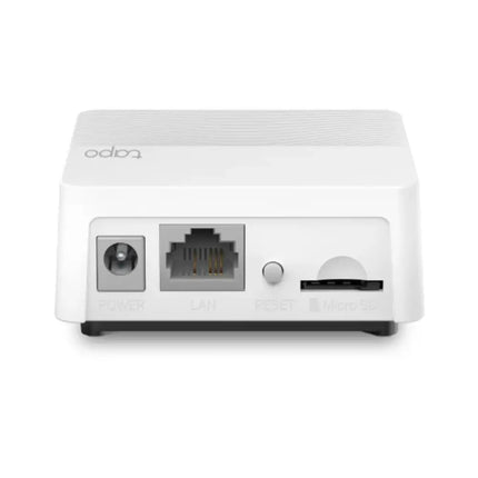 Rear panel view of the TP-Link Tapo H200 smart hub showing the RJ45 Ethernet port, micro SD card storage slot, and power input.