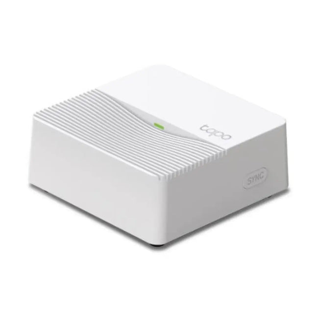 TP-Link Tapo H200 smart wireless IoT hub and chime in a compact white desktop design, front angle view.
