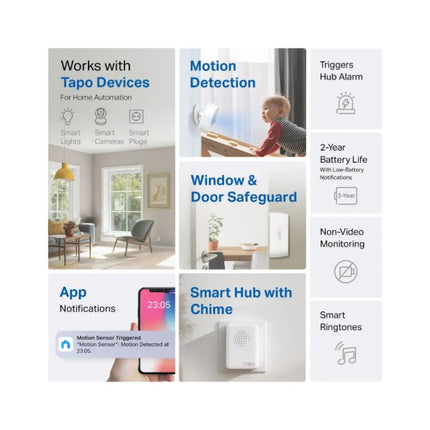 The Tapo smart hub plugged into a wall outlet, emitting a chime sound notification linked to the door sensor activity.