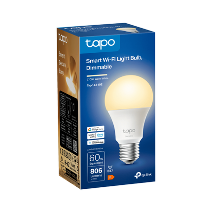 Close-up detail of the E27 screw base on a TP-Link Tapo L510E smart dimmable LED bulb.