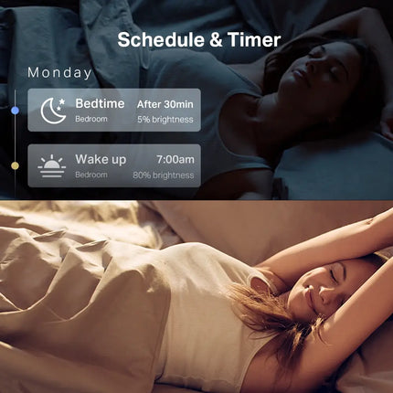 A smartphone displaying the Tapo app adjusting the brightness and color of the Tapo L530B smart light bulb in a modern living room.