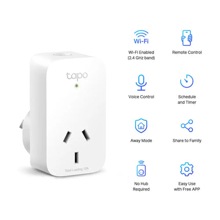Side view of the TP-Link Tapo P100 smart plug, showcasing its compact, space-saving design.