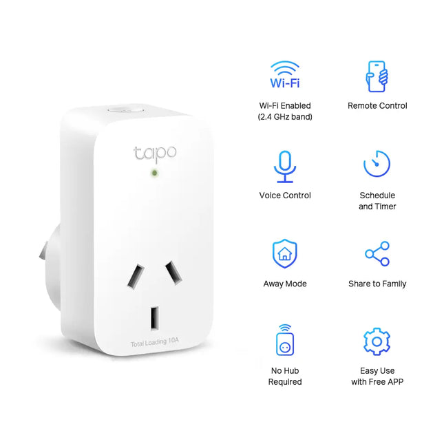 Side view of the TP-Link Tapo P100 smart plug, showcasing its compact, space-saving design.