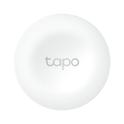 Top-down view of the compact, round white TP-Link Tapo S200B smart button isolated on a clean white background.