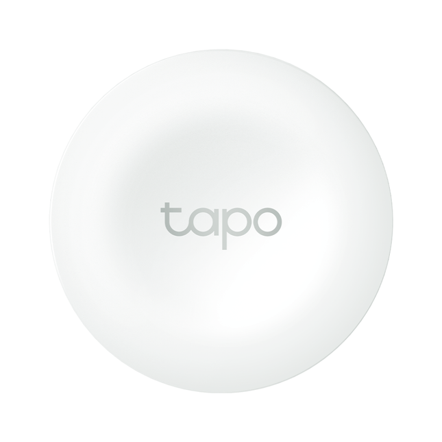 Top-down view of the compact, round white TP-Link Tapo S200B smart button isolated on a clean white background.