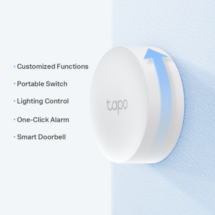 The TP-Link Tapo S200B smart button mounted on a wall bracket next to a doorway, showcasing its sleek, modern smart home design.