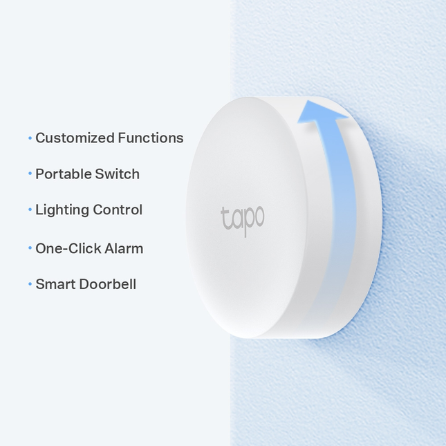 The TP-Link Tapo S200B smart button mounted on a wall bracket next to a doorway, showcasing its sleek, modern smart home design.
