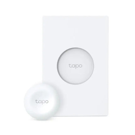 "Front view of the white TP-Link Tapo S200D smart remote dimmer switch button mounted on its square wall plate background."