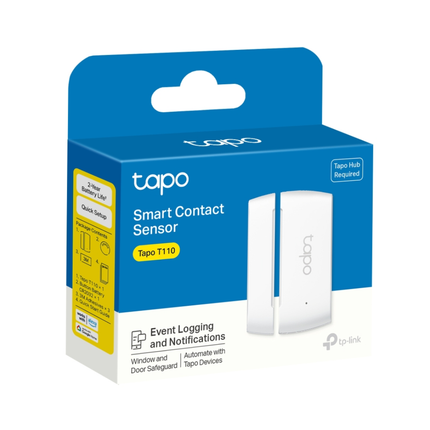 Close-up of a compact white TP-Link Tapo T110 smart contact sensor mounted on a modern door frame.