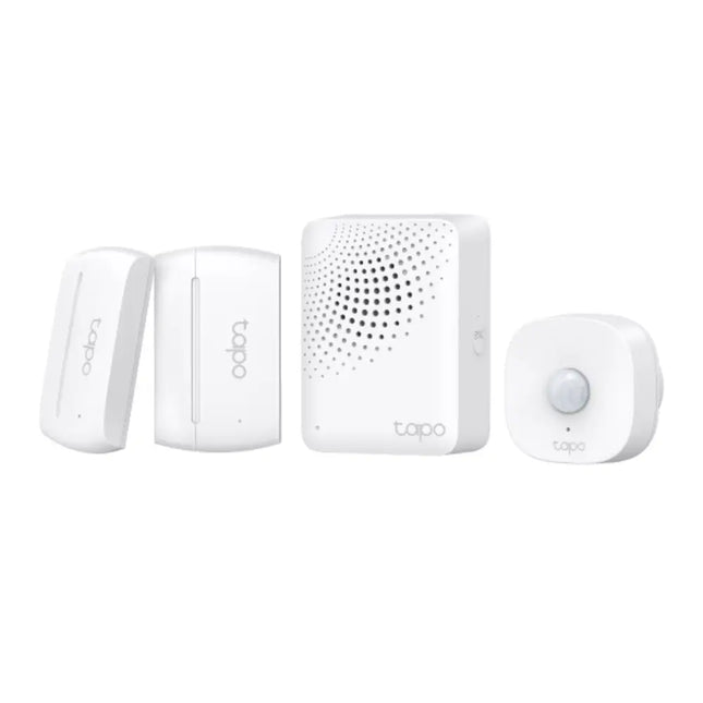 The TP-Link Tapo T30 KIT containing the compact smart iot hub plug and the wireless magnetic contact sensor.