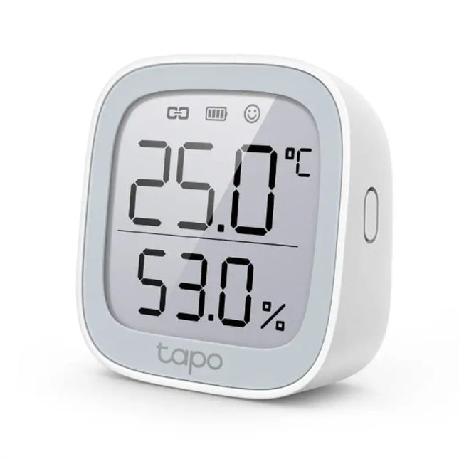 TP-Link Tapo T315 smart temperature and humidity monitor with a clear 2.7-inch e-ink screen display showing real-time comfort metrics.