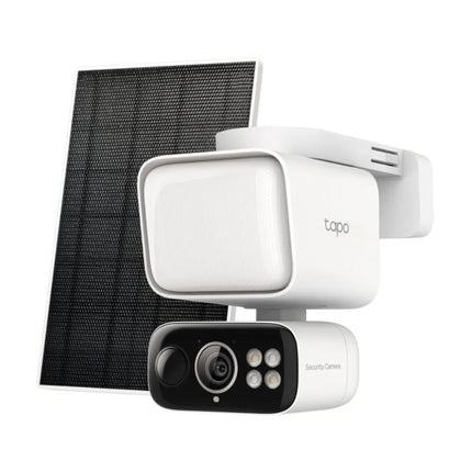 TP-Link Tapo TC50 Kit containing the wire-free pan and tilt outdoor security camera, adjustable 800-lumen floodlight, and companion solar panel.