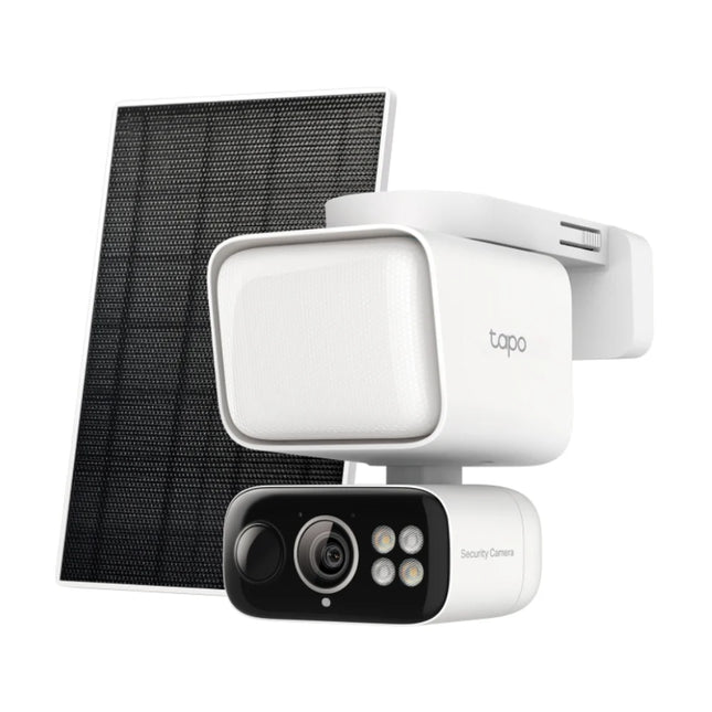 TP-Link Tapo TC50 Kit containing the wire-free pan and tilt outdoor security camera, adjustable 800-lumen floodlight, and companion solar panel.