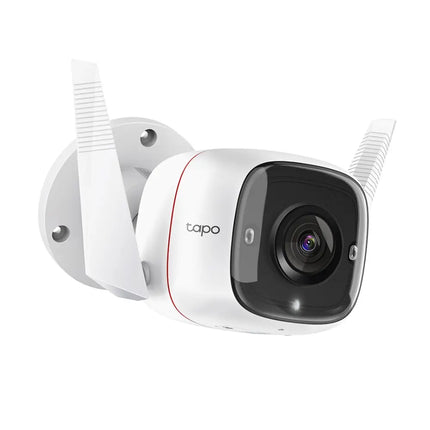TP-Link Tapo TC65 outdoor security Wi-Fi camera in white, featuring dual external antennas and a wall-mount bracket.