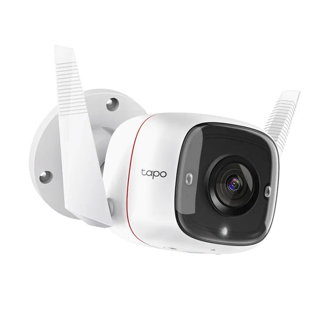 TP-Link Tapo TC65 outdoor security Wi-Fi camera in white, featuring dual external antennas and a wall-mount bracket.