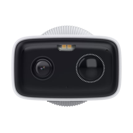 Unboxed components of the Tapo TC80 security camera including the wire-free camera unit, rechargeable battery, adjustable mount, and charging cable.