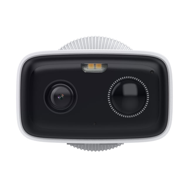 Unboxed components of the Tapo TC80 security camera including the wire-free camera unit, rechargeable battery, adjustable mount, and charging cable.