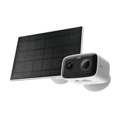 A TP-Link Tapo TC80 Kit featuring a white wire-free outdoor security camera mounted alongside a compact solar panel for continuous power.