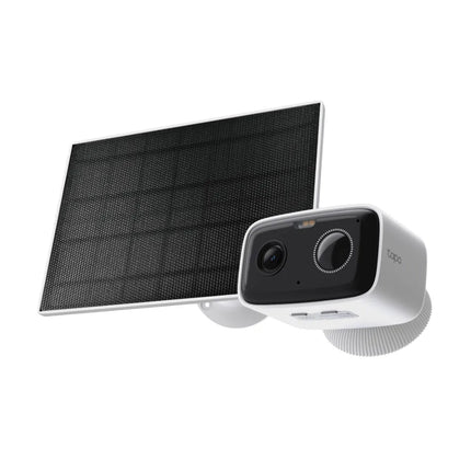 A TP-Link Tapo TC80 Kit featuring a white wire-free outdoor security camera mounted alongside a compact solar panel for continuous power.