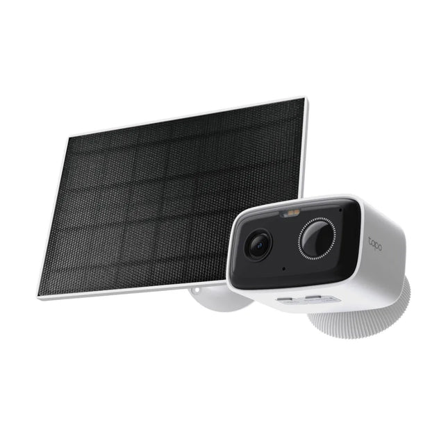 A TP-Link Tapo TC80 Kit featuring a white wire-free outdoor security camera mounted alongside a compact solar panel for continuous power.