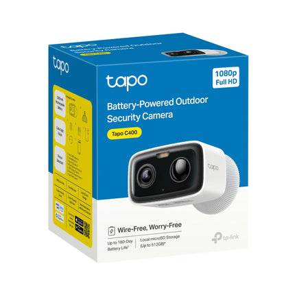 Front view of the retail packaging for the Tapo TC80 Smart Wire-Free Outdoor Security Camera, Australian edition.