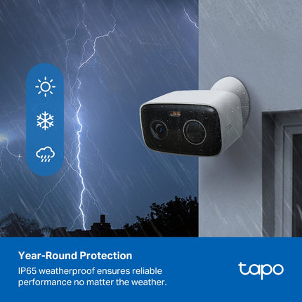 Close-up of the Tapo TC80 outdoor security camera lens, highlighting the smart motion sensors and infrared night vision LEDs.