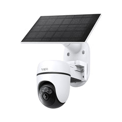 The TP-Link Tapo TC90 KIT featuring the white pan and tilt smart security camera alongside its companion solar panel accessory.