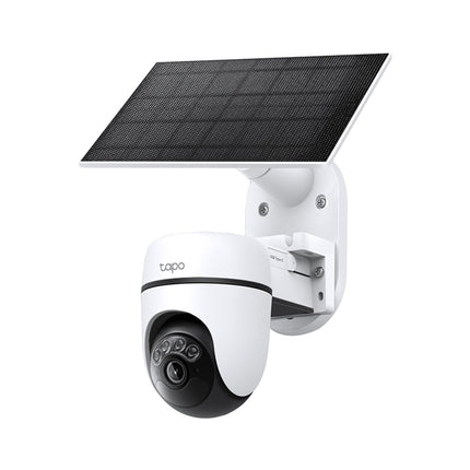 The TP-Link Tapo TC90 KIT featuring the white pan and tilt smart security camera alongside its companion solar panel accessory.