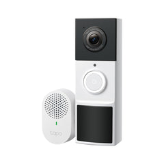 TP-Link Tapo TD21 2K smart video doorbell camera package with the included indoor wireless chime module.