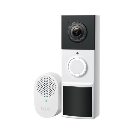 TP-Link Tapo TD21 2K smart video doorbell camera package with the included indoor wireless chime module.