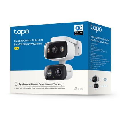 Smartphone interface displaying the TC34 dual-lens live view feed and motorized pan/tilt directional controls.