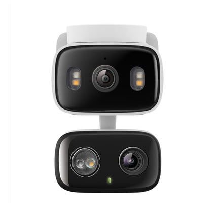 Close-up of the TC34 security camera featuring dual 2K 3MP lenses for wide-angle and telephoto monitoring.
