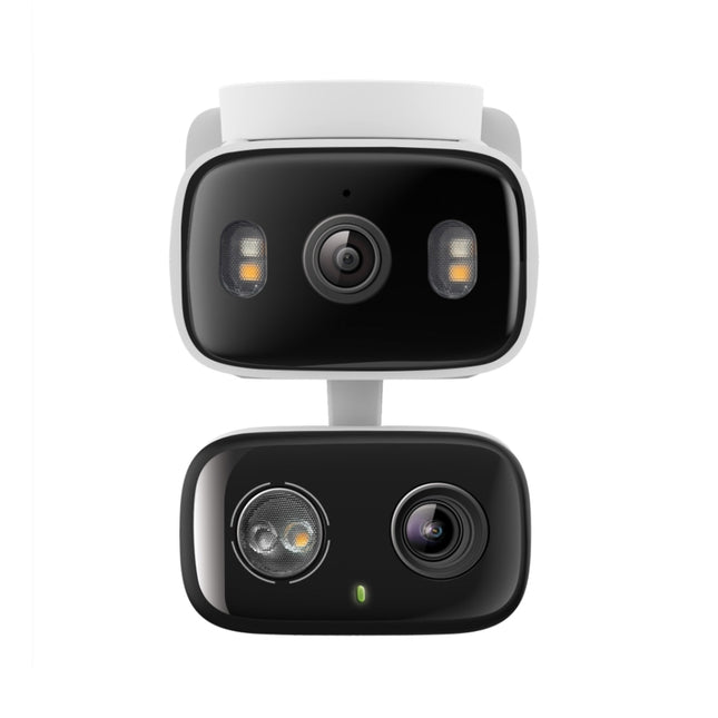 Close-up of the TC34 security camera featuring dual 2K 3MP lenses for wide-angle and telephoto monitoring.